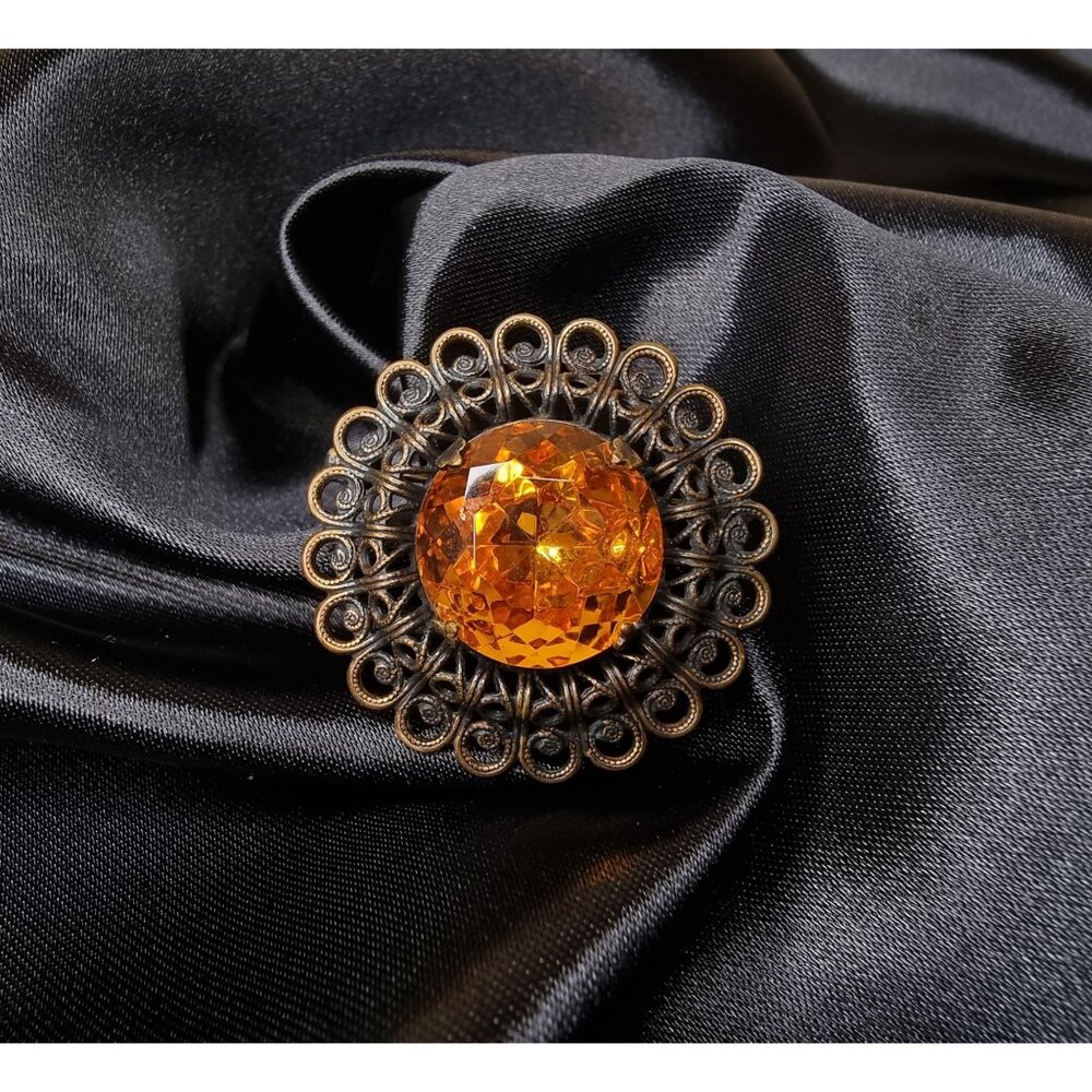 Vintage Brass Filigree Brooch With Large Amber Rhinestone